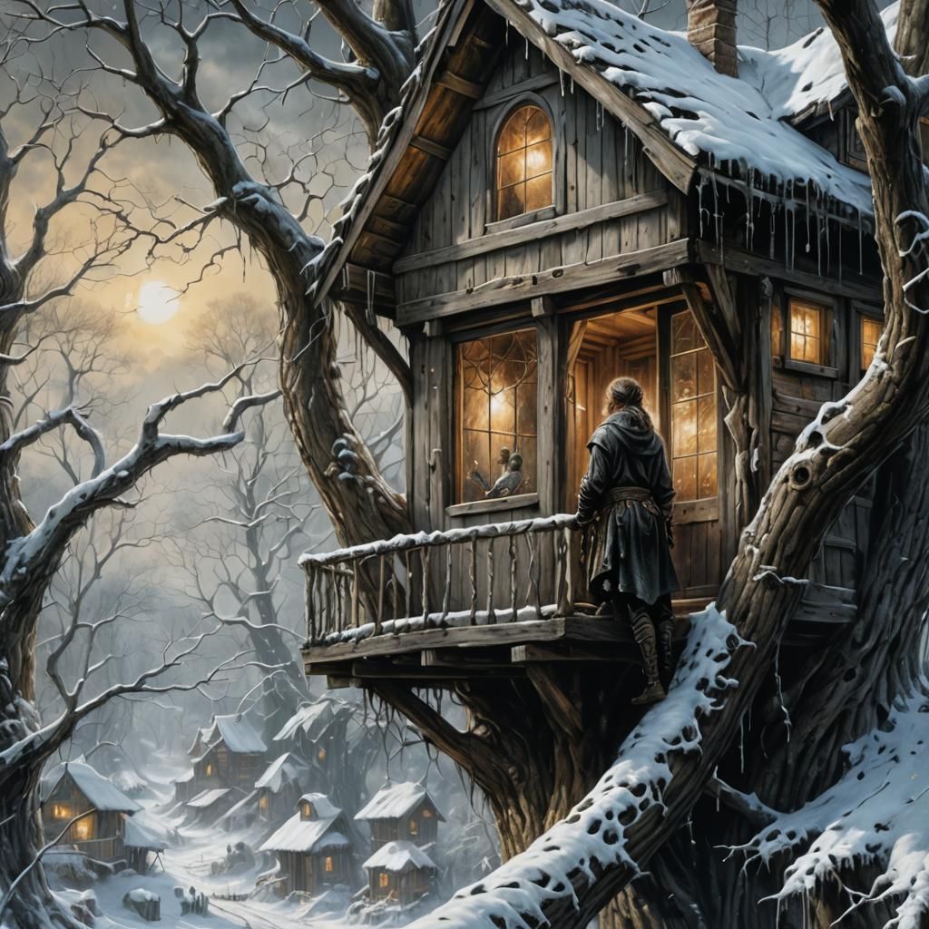 Winter Treehouse View in Luis Royo Style
