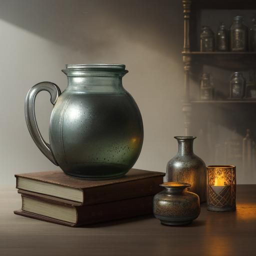 Surrealist Apothecary Writes in Book Amidst Artifacts