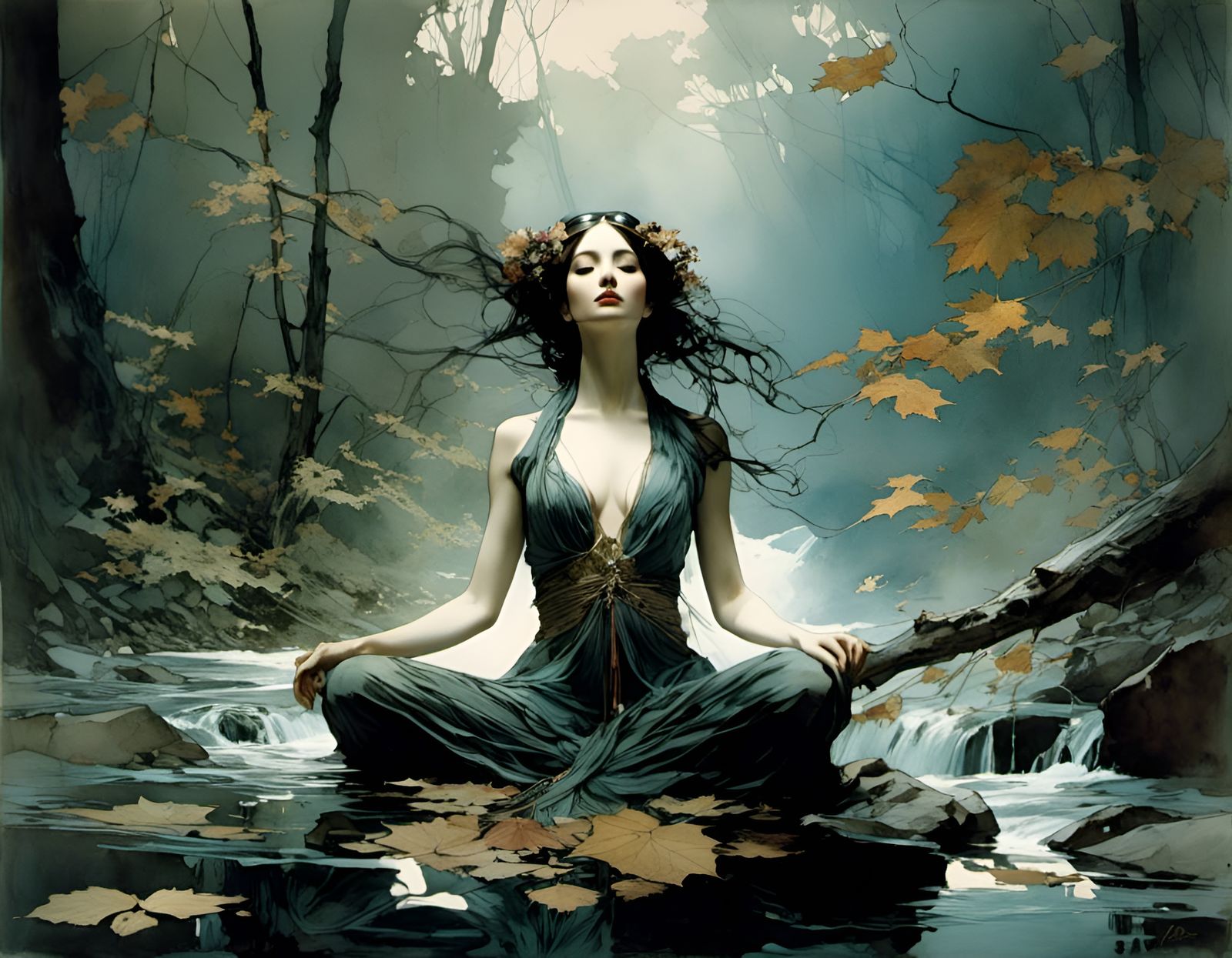 River Goddess in Morning Light, Watercolor Style