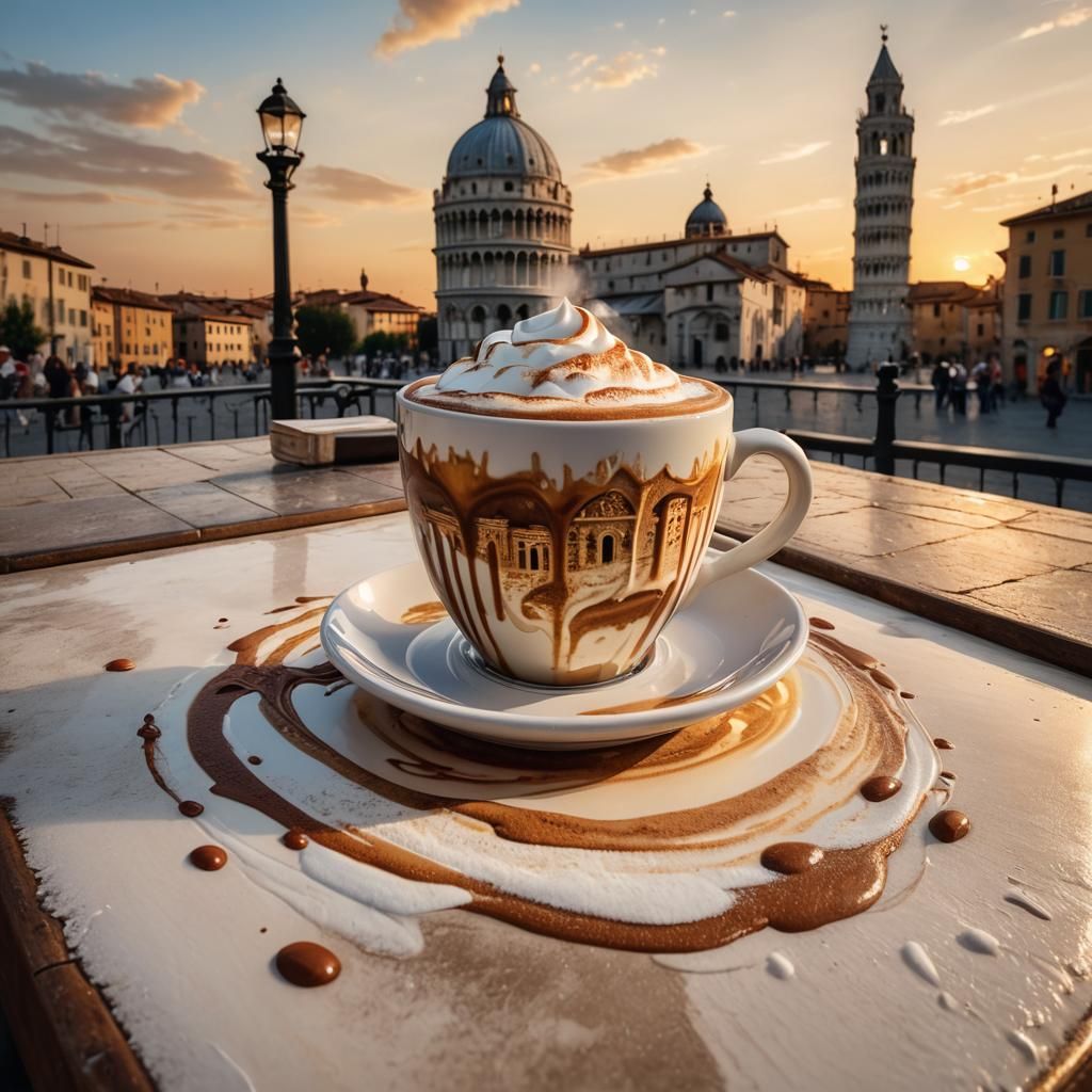 Cappuccino with Tower of Pisa Art, Photorealistic