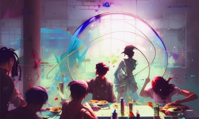 School Cafeteria Food Fight in Vaporwave Style