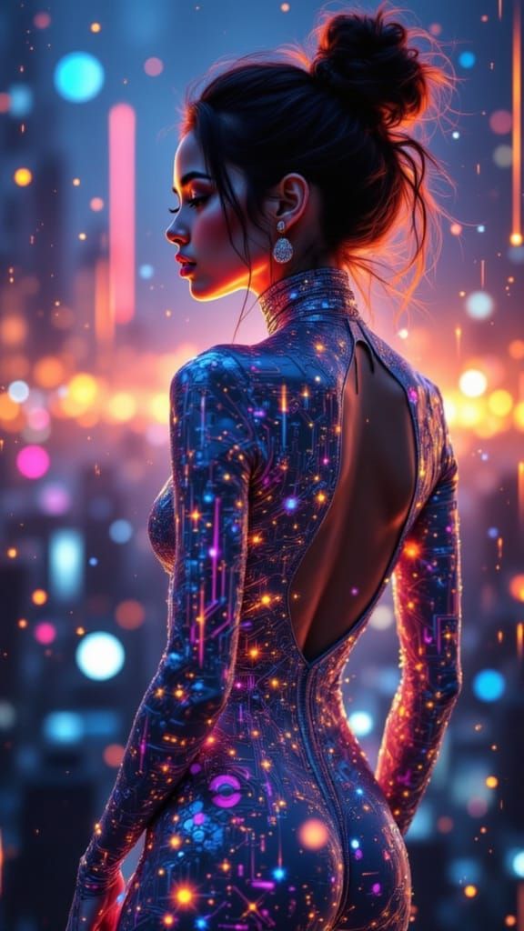Cyberpunk Goddess Shines with Fractal Circuitry