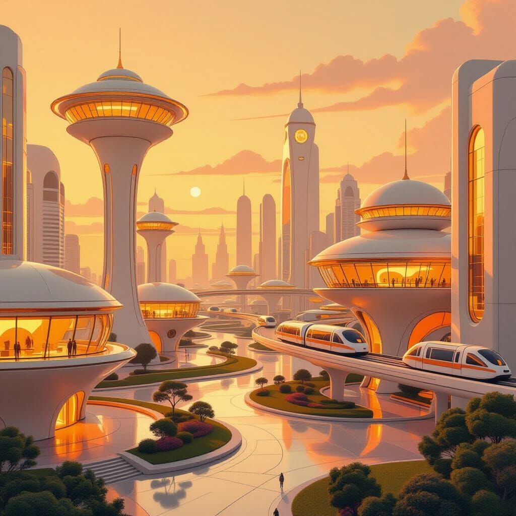 Retro-Futurist Cityscape at Sunset
