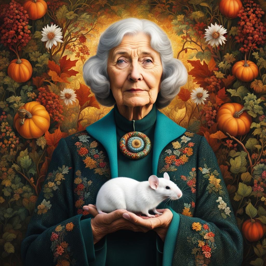 Art Deco Woman with Pet Mouse in Autumn Hedgerow