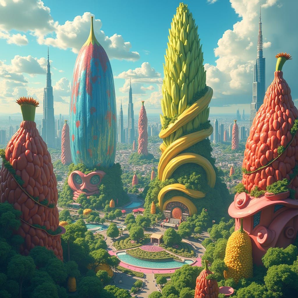 Food-Shaped Buildings in a Surreal Cityscape