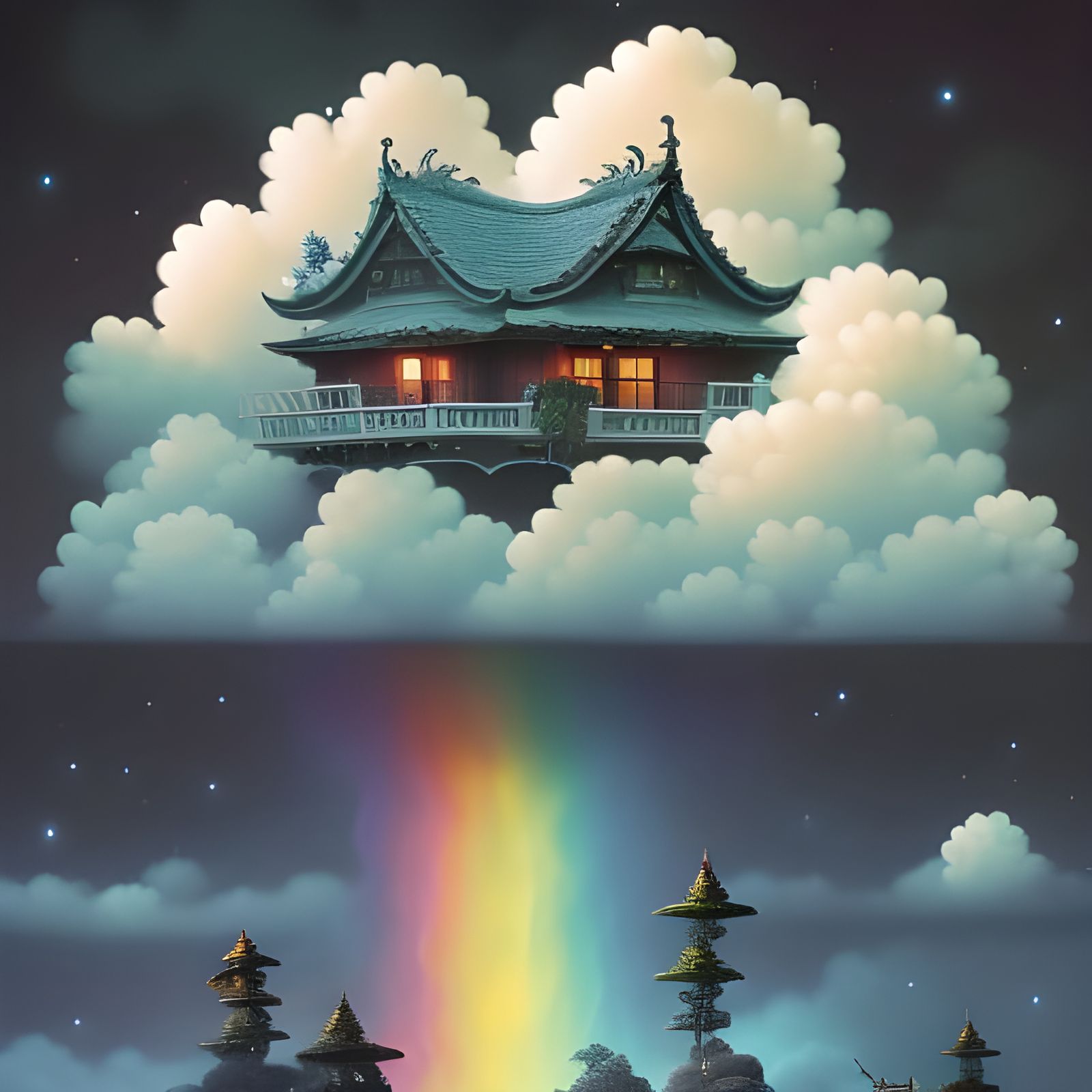 Rainbow Bonsai House on Clouds: Digital Matte Painting