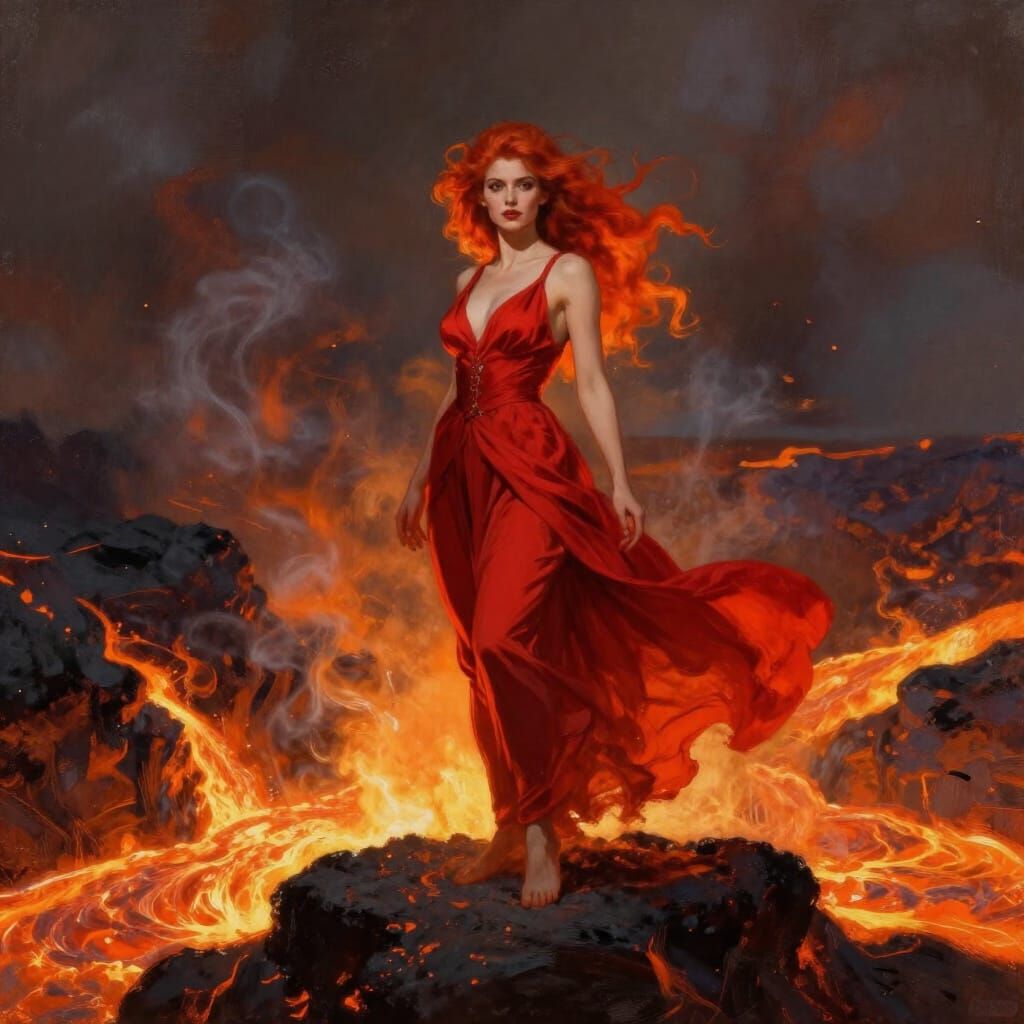 Fiery Woman in Crimson Dress Amidst Lava Flow