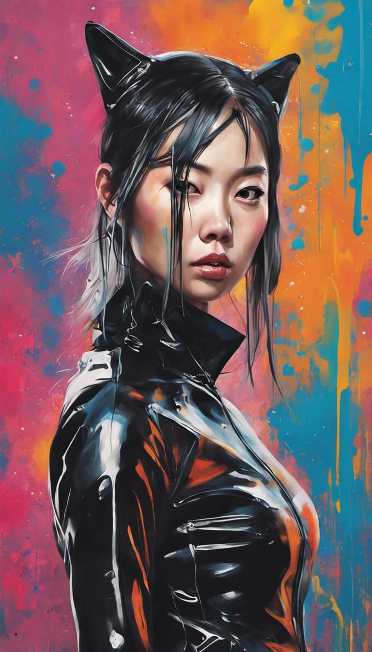 asian girl wearing latex catsuit