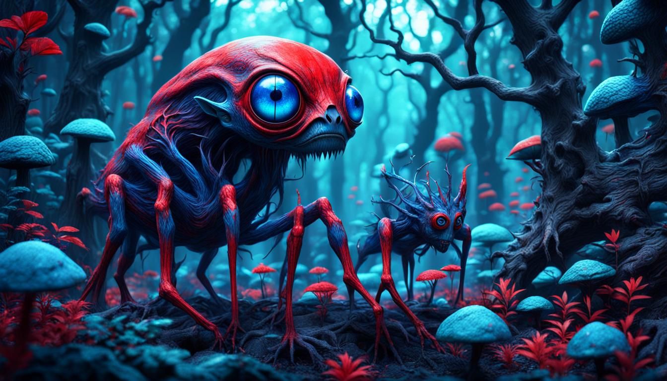 Creepy Alien Forest Creatures in Anaglyphic Colors