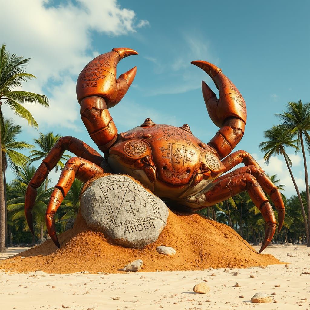 Stone Crab God Statue on a Lush Beach
