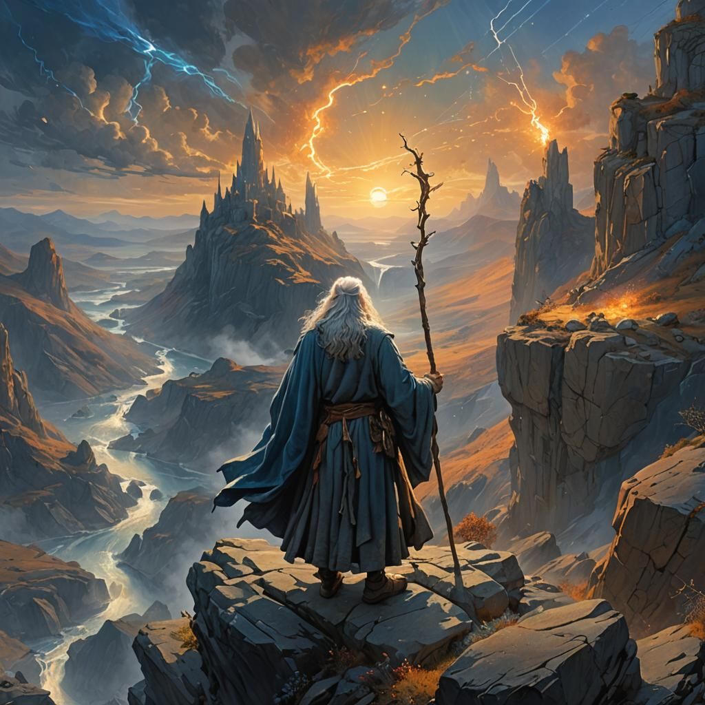 Gandalf Overlooks Mystical Realm: Fantasy Concept Art