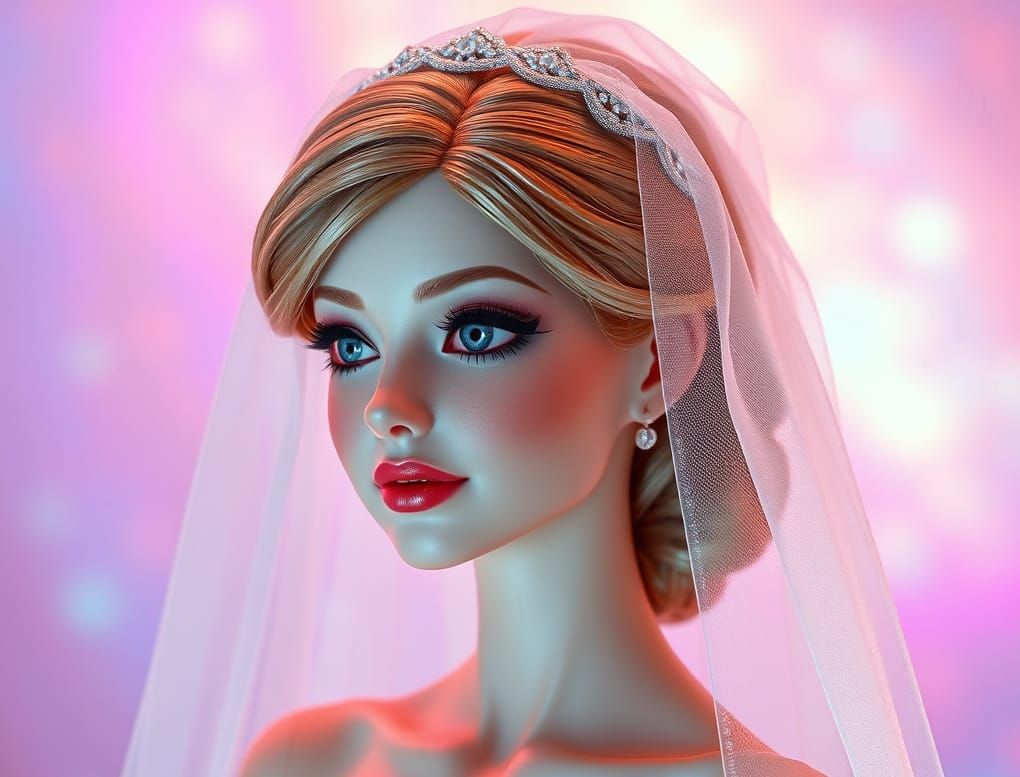 Extra beautiful and extra radiant tan pastel, gold and silver metallic doll bride doll woman  focus on her face, eyes an...