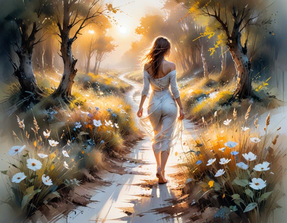 Spring Path Sunset in Watercolour Style