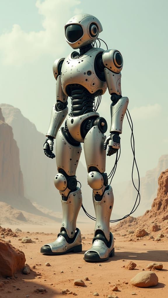 Robot on Metallic Planet in Cyberpunk Sci-Fi Style