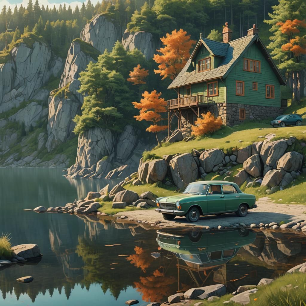 Stone Cottage Lakeside: Matte Painting Inspired by Stalenhag