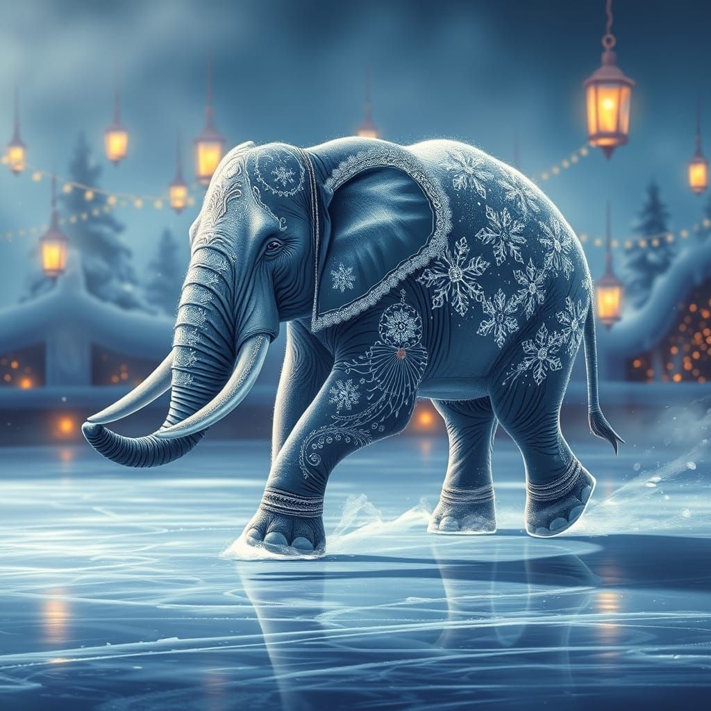 Majestic Elephant Gliding on Icy Rink in Whimsical Fantasy S...