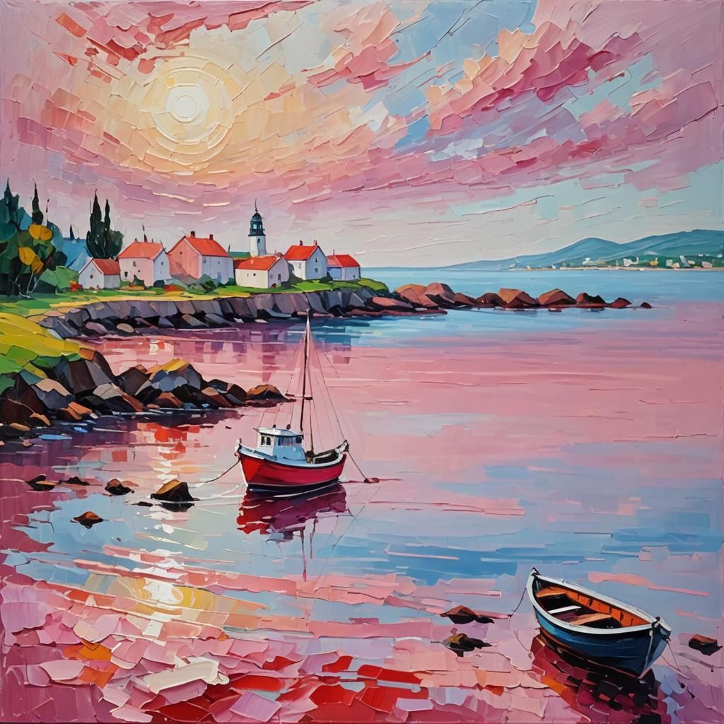 Vibrant Shore Scene in Neo-Impressionist Style