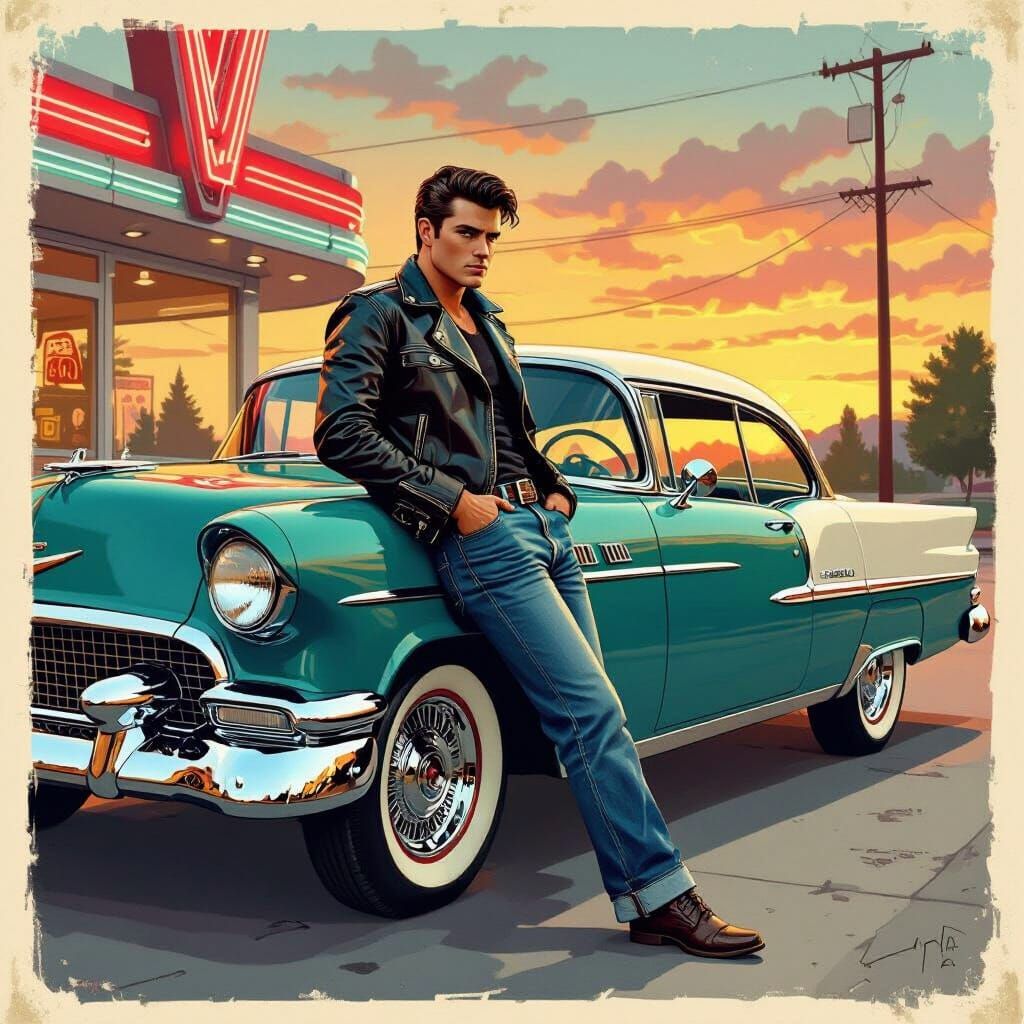 Greaser and Classic Car in Vintage Postcard Style