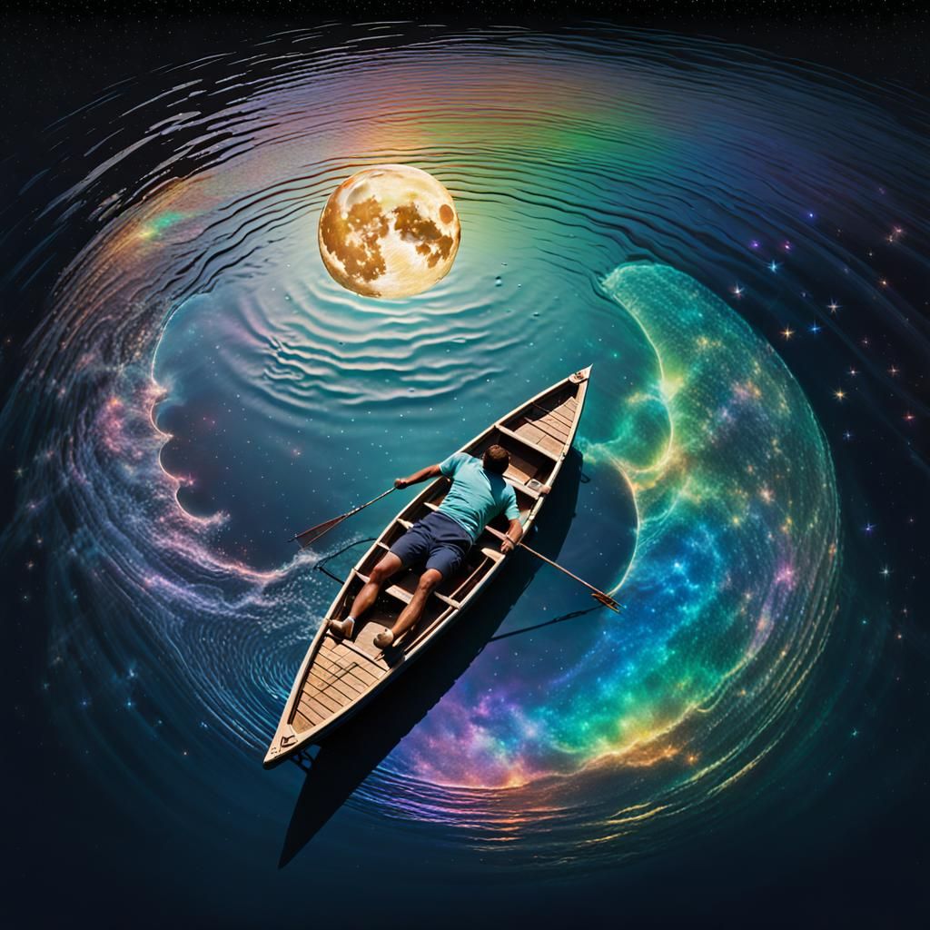 Dreamlike Boat Ride Under Iridescent Moon
