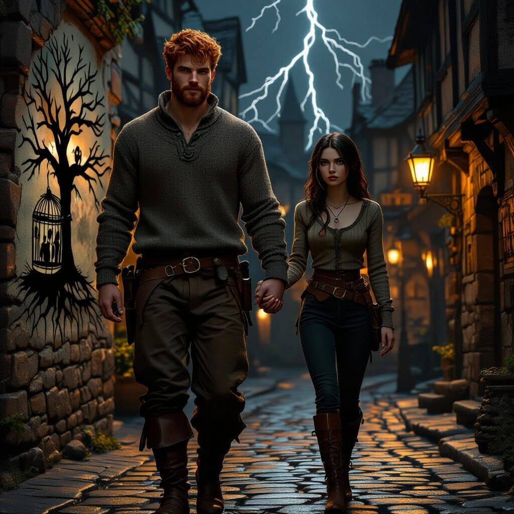 Tense Couple in Medieval Street, Hyperrealistic Style