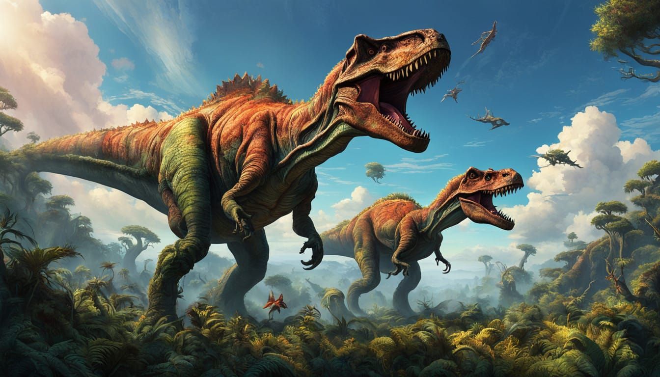 Lush Jurassic Landscape with Towering Trees and Prehistoric...