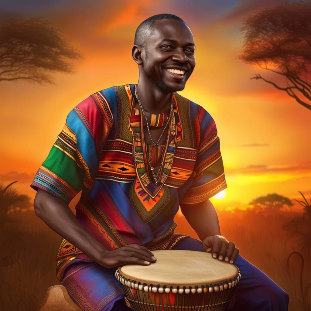 Happy Kenyan Man Playing Drum at Sunset