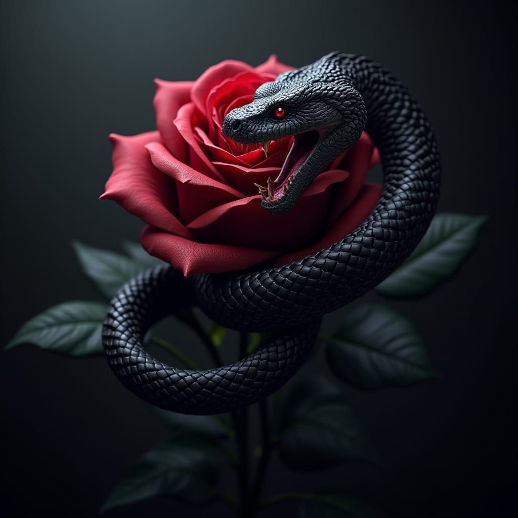 Surreal Black Snake Encircles Mystical Rose in Deep, Fantast...