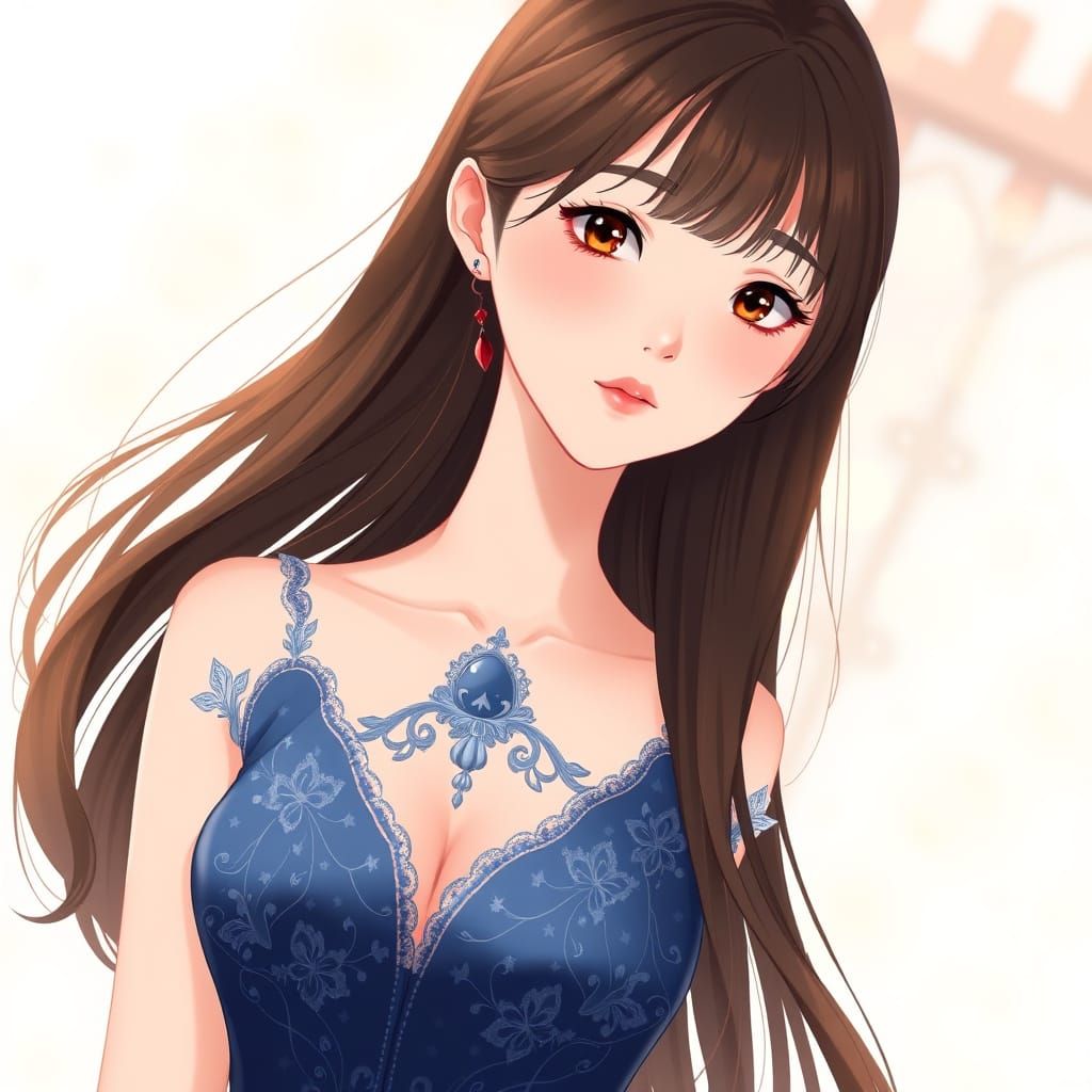 Anime-Style Korean Woman in Sapphire-Blue Dress