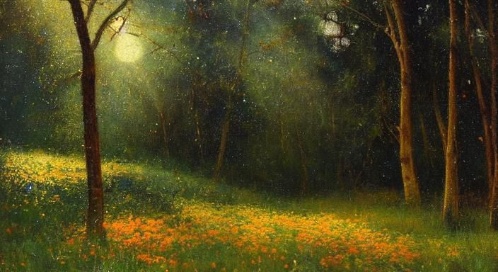 Moonlight Rainbow Droplets in Impressionistic Oil Painting