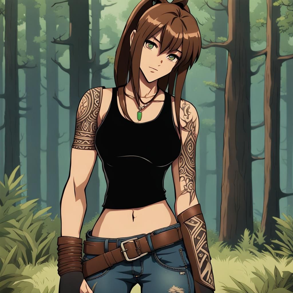 Anime Girl with Tribal Tattoo in Forest Setting