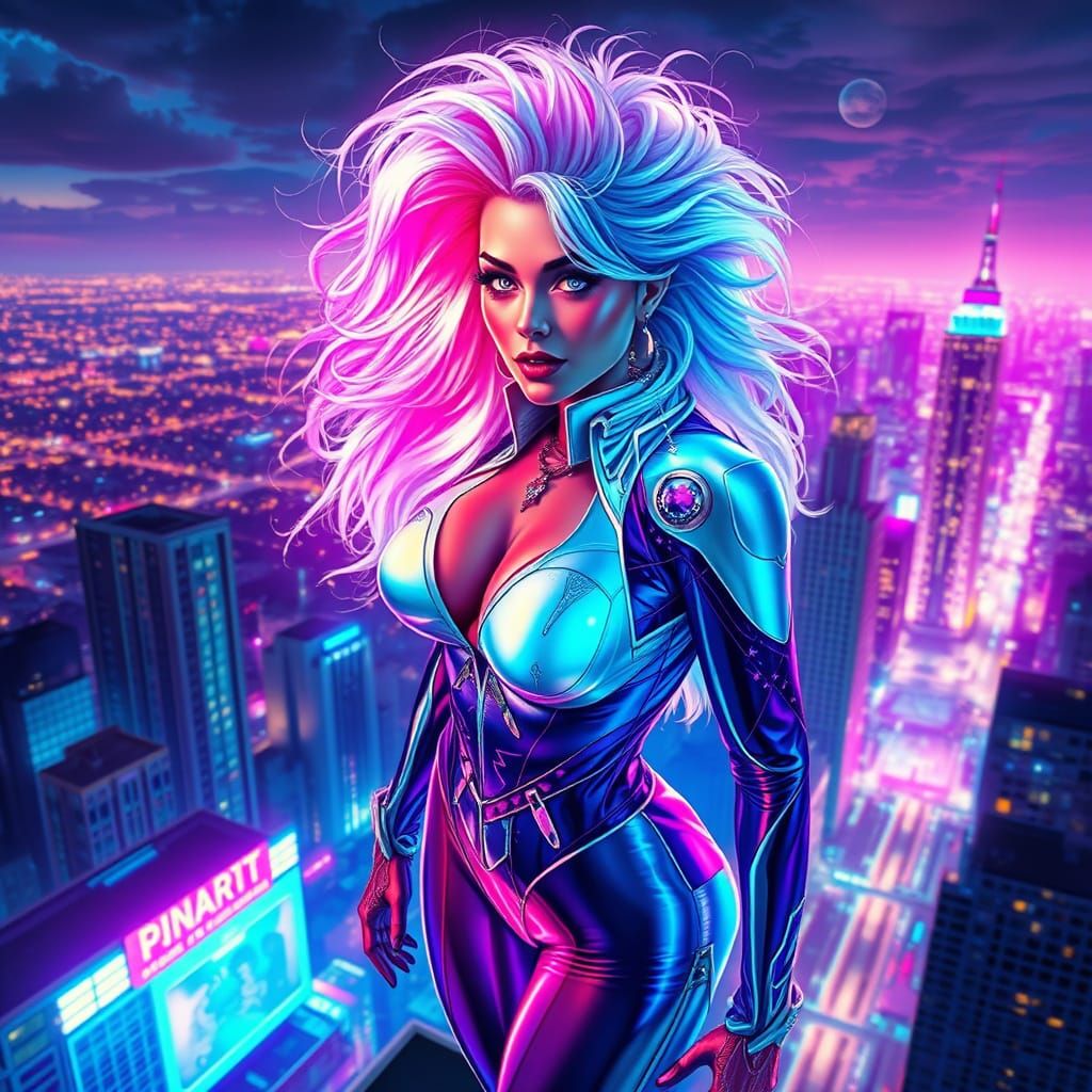 Glamour Glitch Overlooks Neon City in Surreal Style