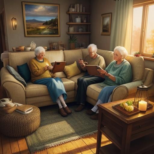 Seniors Using Smartphones in Cozy Digital Painting