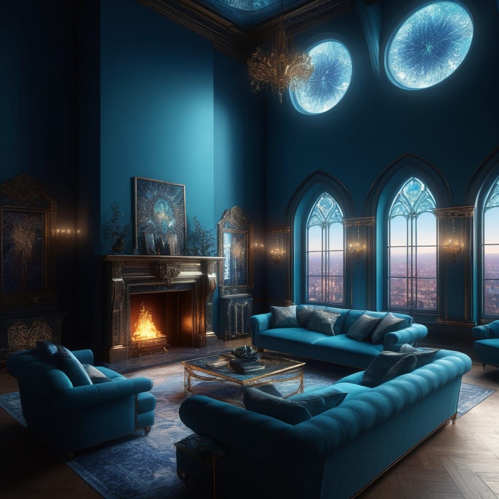Concept art. Medium shot. A Gothic penthouse with blue walls...