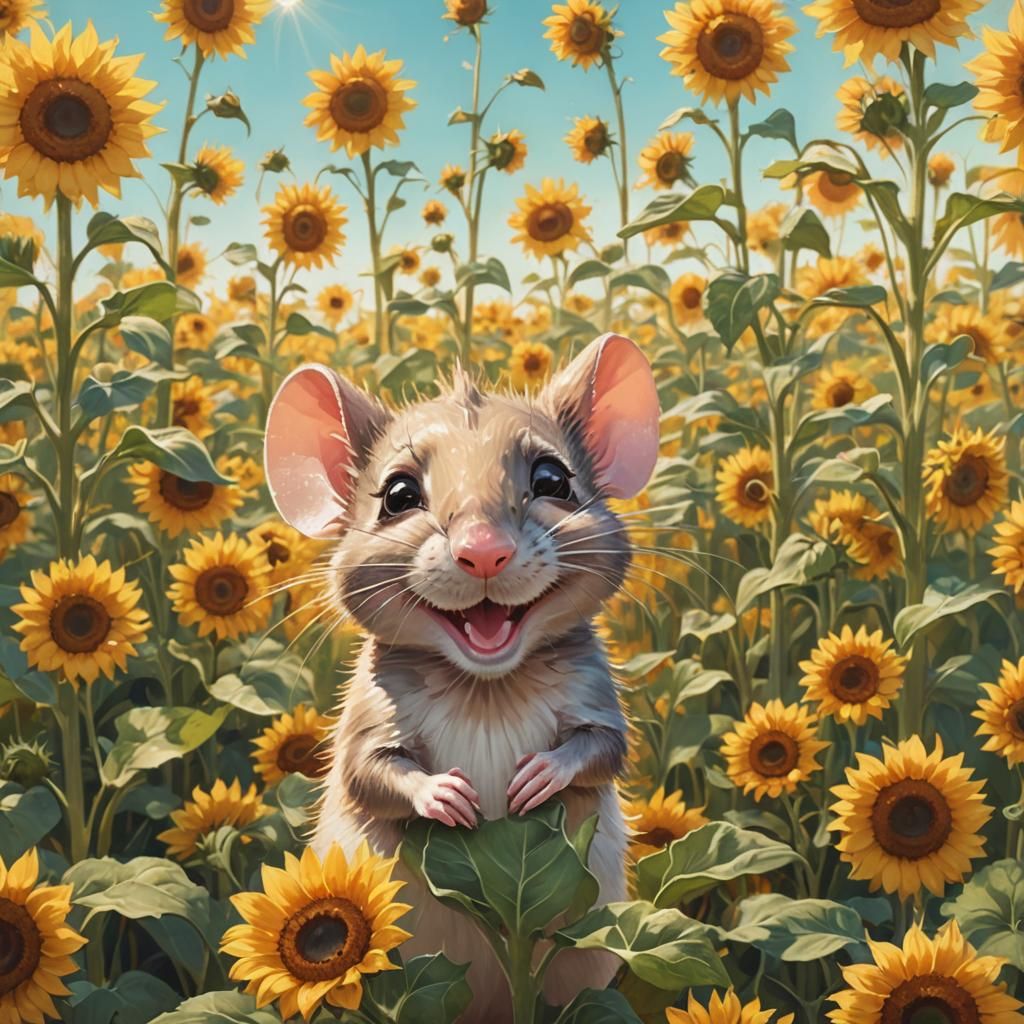 Cheerful Mouse Portrait in Sunflower Field, Digital Art