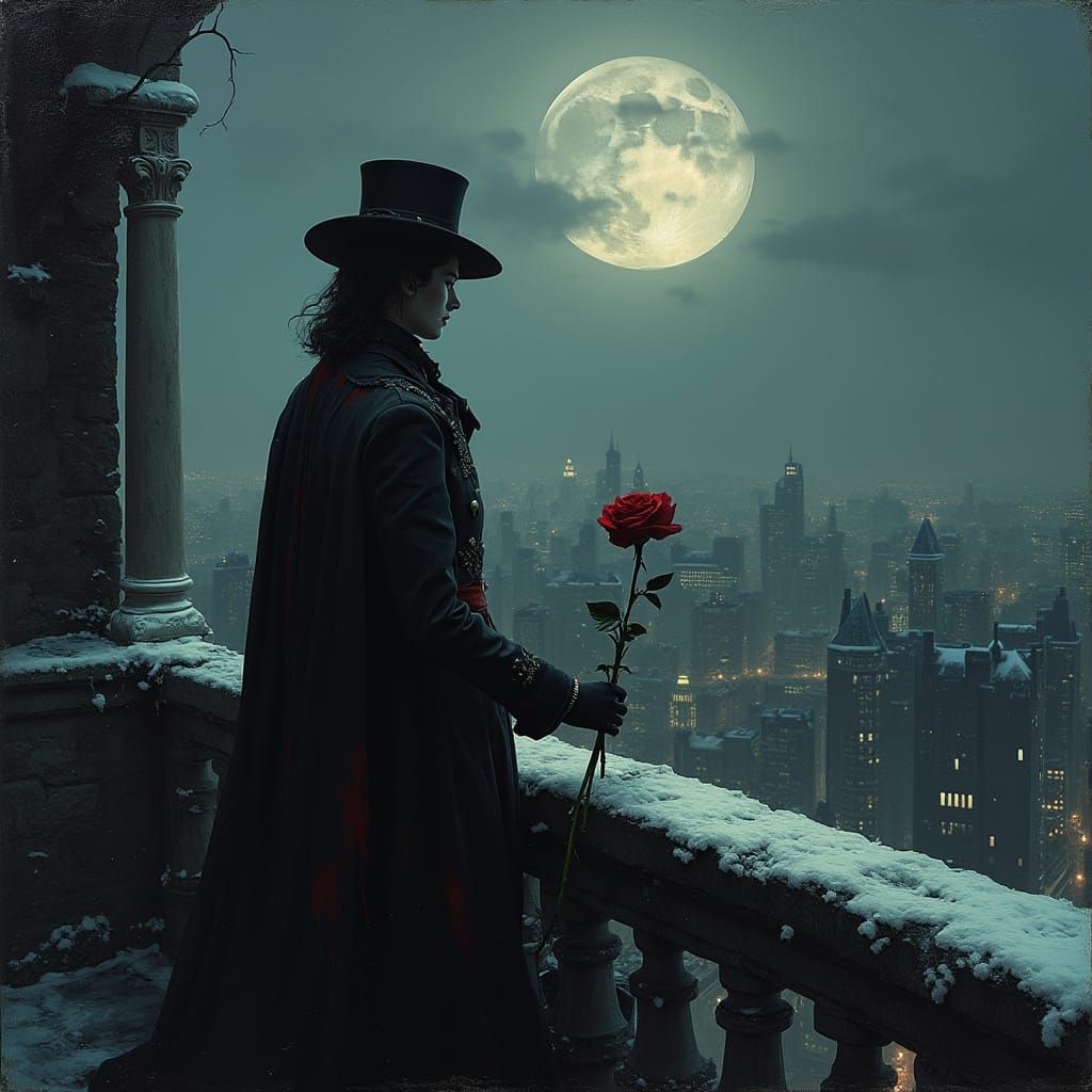 Vampire Aristocrat on Moonlit Balcony Overlooking Gothic Cit...
