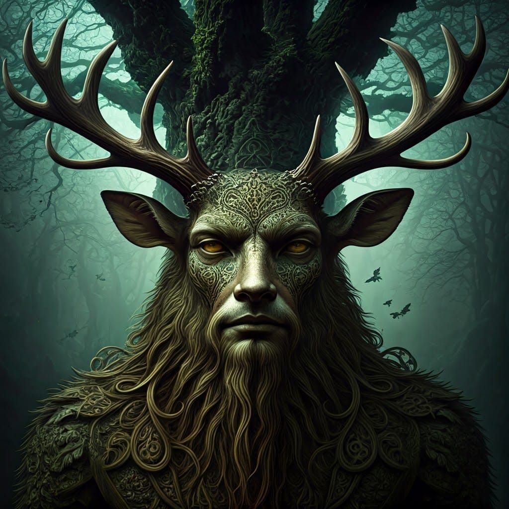 Celtic Green Man Double Exposure: Dark Fantasy Art