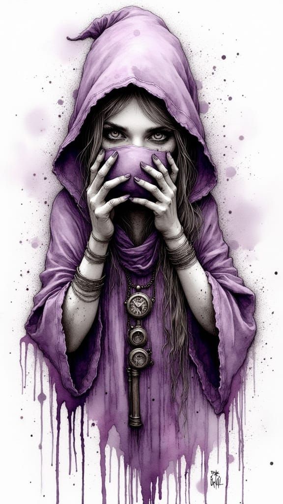 Gnome Druid with Black Spots in Ink Drawing Style