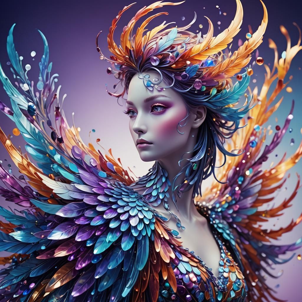 Elegant Glass Phoenix Portrait in Surreal Digital Art