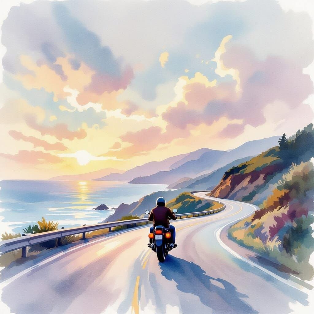 Motorcycle Rider on Coastal Highway in Watercolor Sky