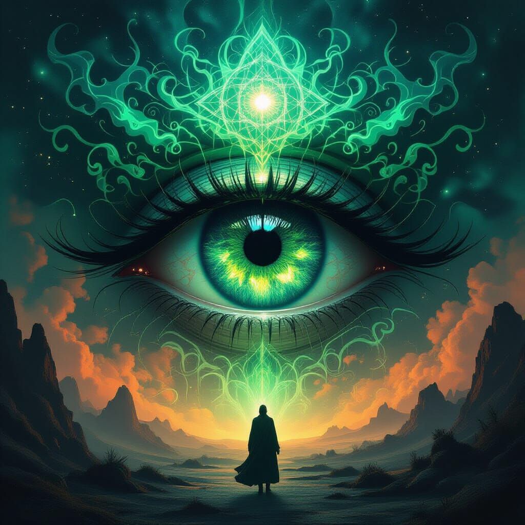 Mystical Eye with Geometric Patterns Radiating Green Light
