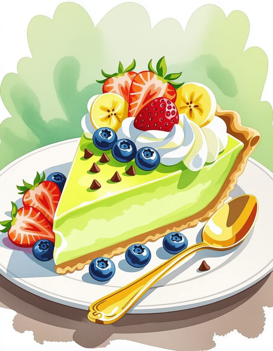 Watercolor Key Lime Pie with Fruit and Golden Spoon