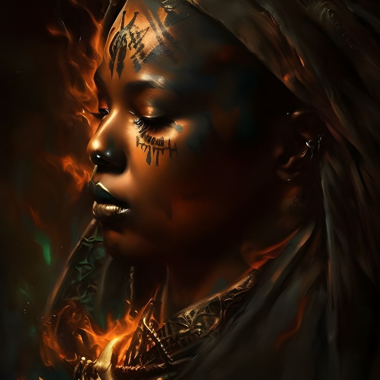 Voodoo Witch Portrait with Runic Tattoos