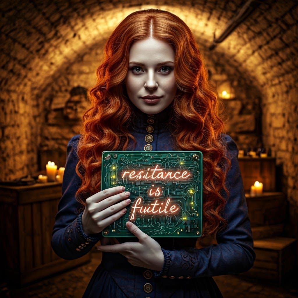 Woman with Circuit Board in Mystical Cellar