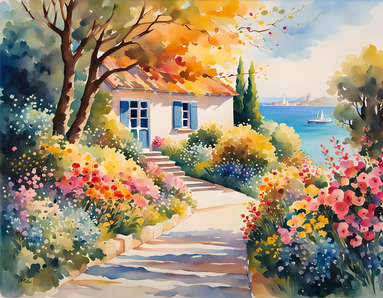 Colourful Garden Path Leading to Seaside Home