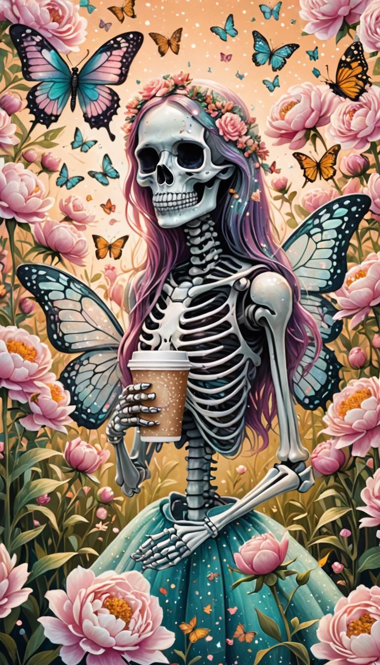 Whimsical Skeleton with Starbucks in Dreamy Peony Field