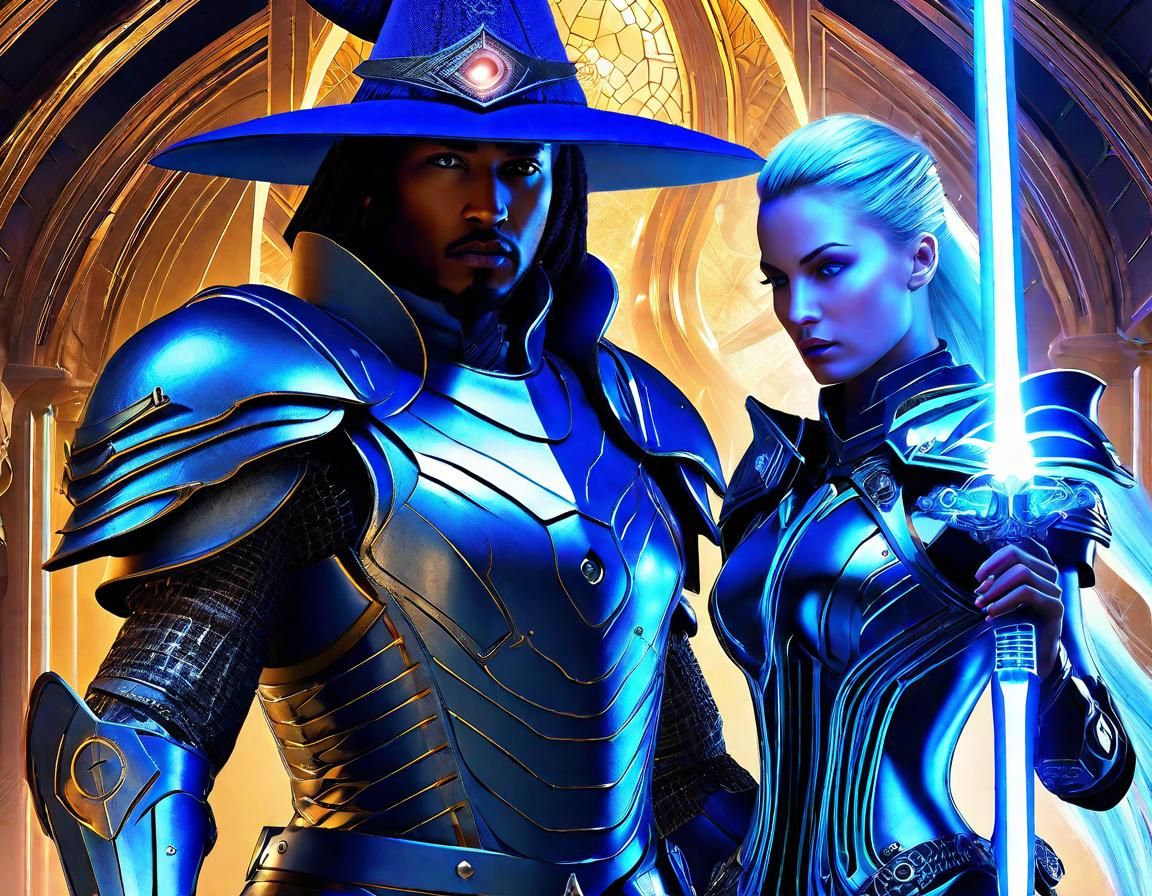 Cyberpunk Knight vs Nanotech Witch in Metallic Castle