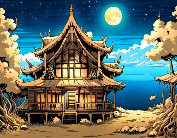 Hawaiian Solarpunk Cabin at Night, Fantasycore Art