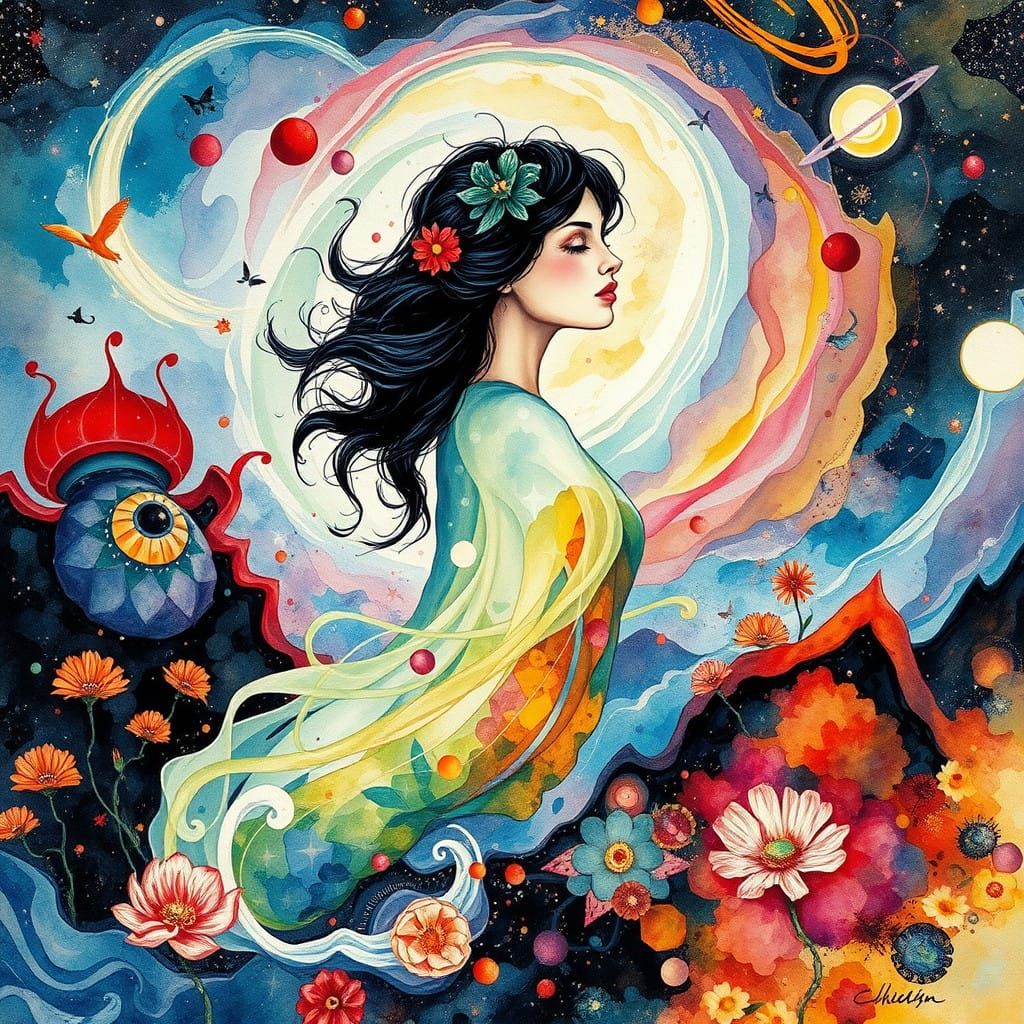 Whimsical Cosmic Goddess in Art Nouveau Style Watercolor