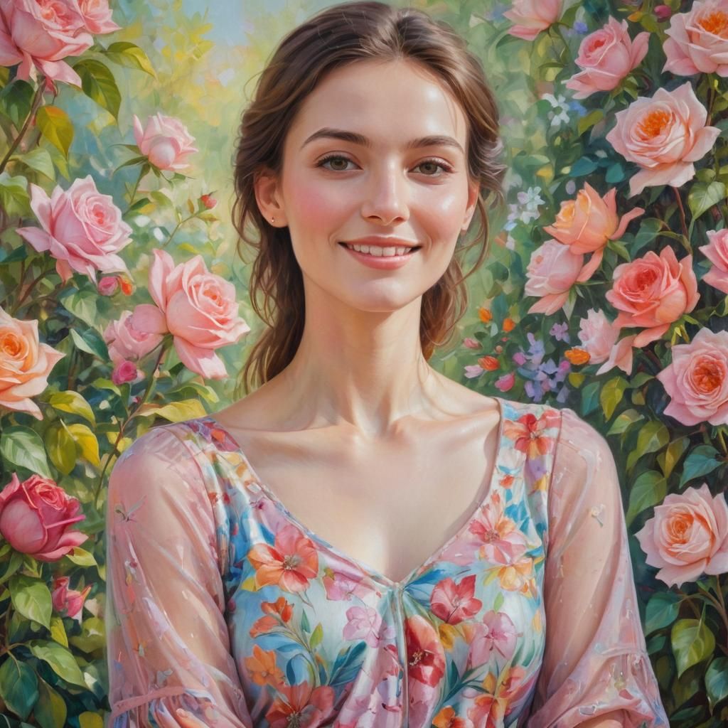 Elegant Woman with Flowers, in Oil Painting Style