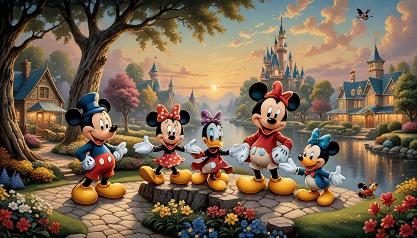 Mickey, Minnie, Donald & Pluto in Thomas Kinkade Style